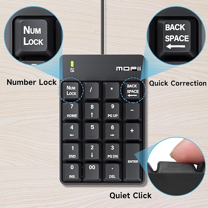 MOFII Wired Number Pad Numeric Keypad Silent 19 Keys USB Numpad, Portable Financial Accounting Keyboard 10 Key for Laptop/Computer/PC/Notebook/Surface Pro - Black