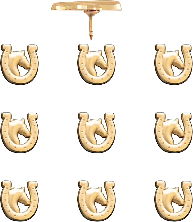 Horse and Horseshoe Pins - Gold Horse Map Pins for Cork Boards, Maps, or Lapel Use - Designed in USA - Set of 10