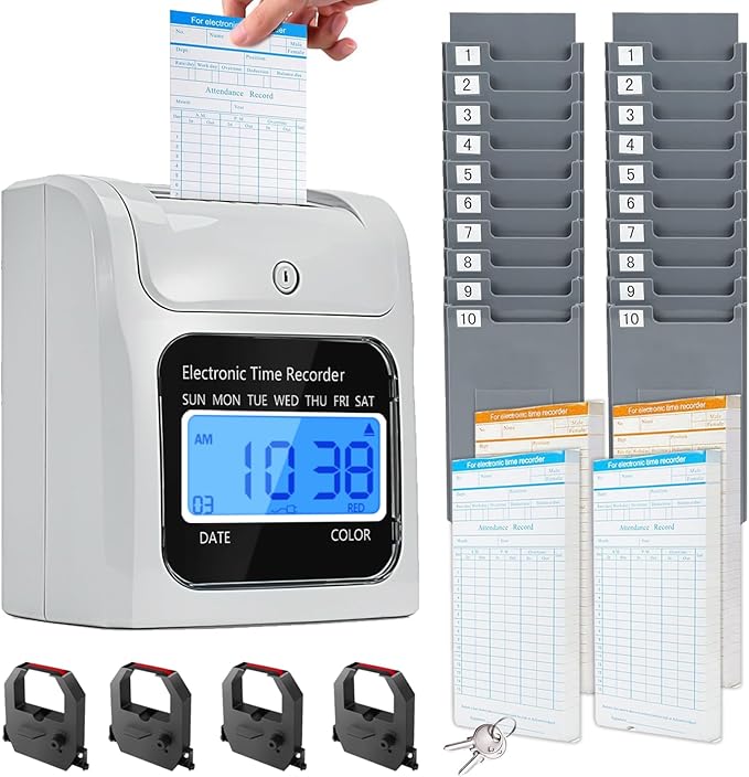 TooCust Time Clock Bundle with 200 Time Cards, 4 Ink Ribbons, 2 Ten-Slot Time Card Racks, & 2 Security Keys, Auto-Align Employee Time Clocks for Small Business