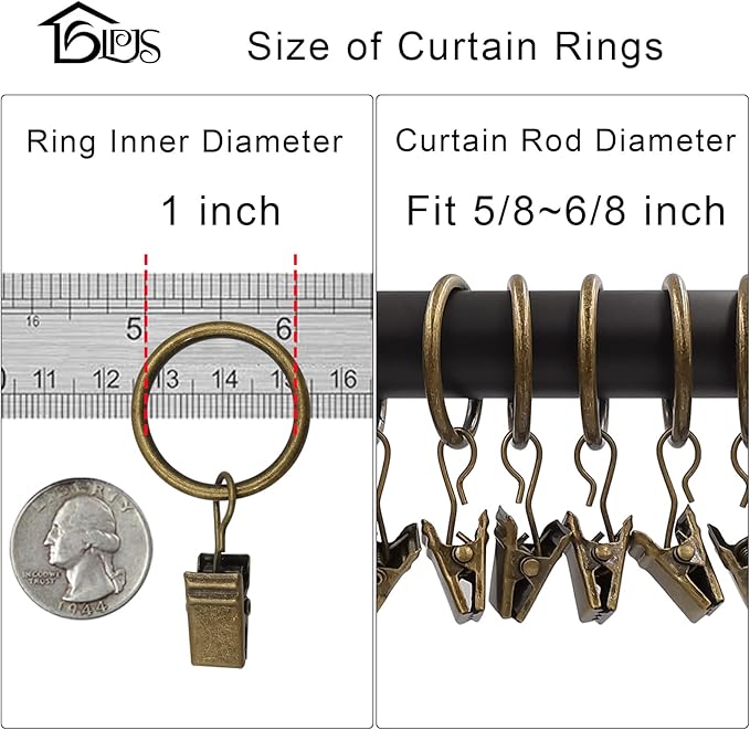 LLPJS 100 Pack Curtain Rings with Clips, Curtain Clip Rings Hooks, Bow Hanger Clips for Hanging Drapery Drapes Bows, Ring 1 inch Interior Diameter, Fits up to 5/8" Rod, Bronze