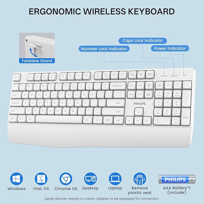PHILIPS Wireless Keyboard and Mouse Combo-Ergonomic Keyboard and Mouse Wireless Combo with Silent Design,Plug n' Play,Sleep Mode and 2.4GHz Keyboard for Mac, Windows, Laptop-White