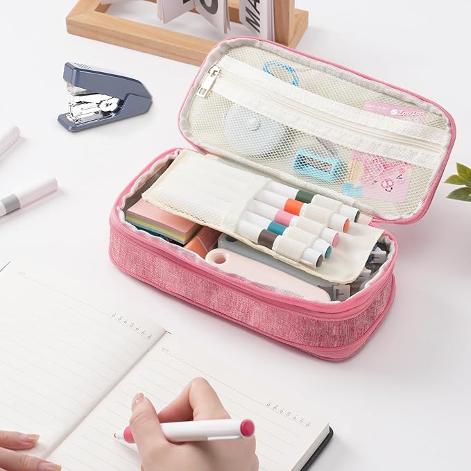 Large Capacity Pink Pencil Case, Cute Pencil Case Pencil Pouch with Zipper For Girls Women, Expandable Preppy Pencil Bag Large Storage High Capacity Bag Organizer for School Home Office Supplies, J