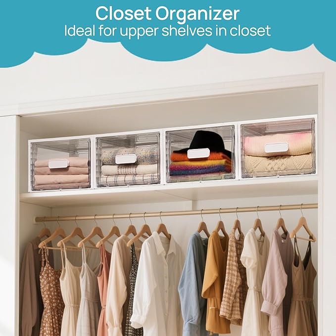 Vtopmart 4 Pack 18QT White Stackable Storage Drawers,Easily Assemble Closet Organizers,Plastic Storage Bins for Bathroom,Cabinet,Kitchen Pantry,Under Sink Organization(Medium)