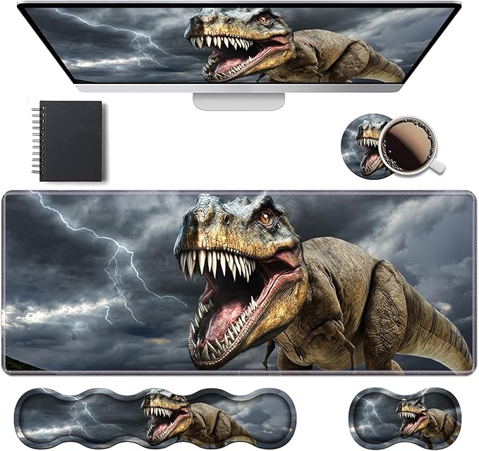 Ergonomic Keyboard Wrist Rest & Mouse Pad Wrist Rest Set, Large XXL Gaming Desk Mat 31.5"x 11.8" with Memory Foam, Easy Typing Pain Relief for Office & Home, Dinosaur