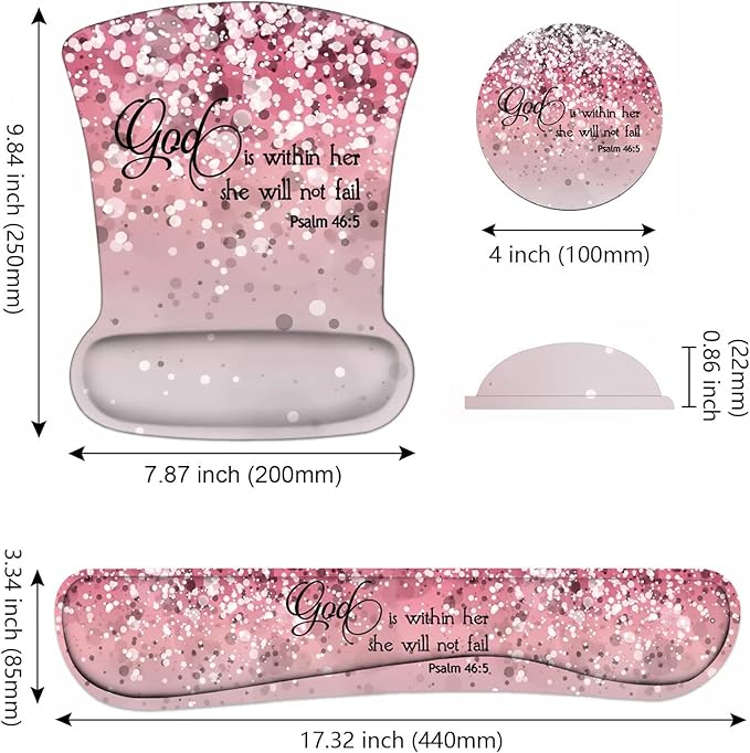 Keyboard Wrist Rest and Mouse Pad Wrist Support Set with Coasters, Bible Verses Psalm 46:5 with Non-Slip PU Base Ergonomic Gaming Mousepad for Computer Laptop Home Office Easy Typing & Pain Relief