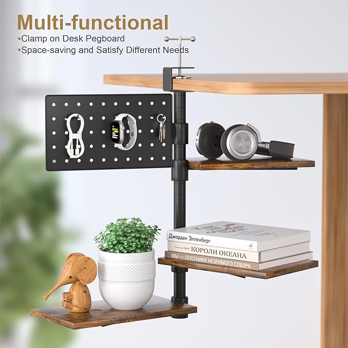 3-Tier Clamp On Desk Shelf, Adjustable 360° Rotatable Above or Under Desk Storage Shelves Holds 33 lbs, Heavy Duty Desktop Organizer with Pegboard Accessories ＆ 3 Hook for Home Office Dorm