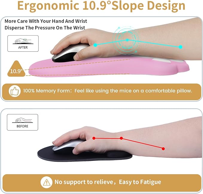 L-SPOUTTO Ergonomic Mouse Pad with Wrist Rest,Cute Cat Paw Mousepad Wrist Support,Comfortable Massage Design Computer Pain Relief Mouse Pad with Non-Slip PU Base for Desk Laptop Gaming Office,Pink