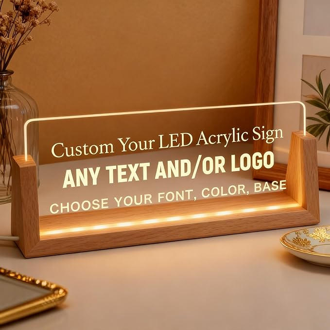 Personalized LED Name Plate for Desk, Light Up Acrylic Office Decor Desk Name Plate with Wooden Base, Custom Name Logo Quote, Appreciation Gifts for Boss Coworkers Employee Women Men (Your Words)