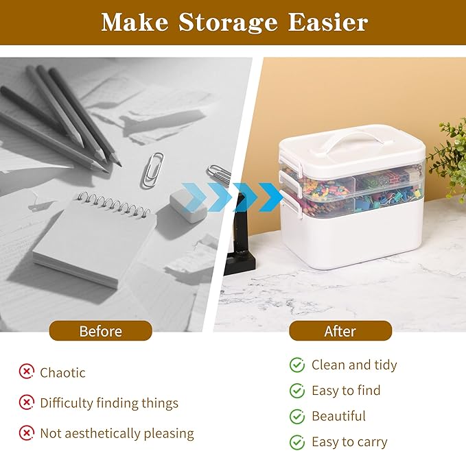 3-Tier Art Supply Storage Container, Stackable Craft Organizer Box with Dividers, Clear Plastic Storage Case for Markers, Toys, Coloring Books (Three-Layer)
