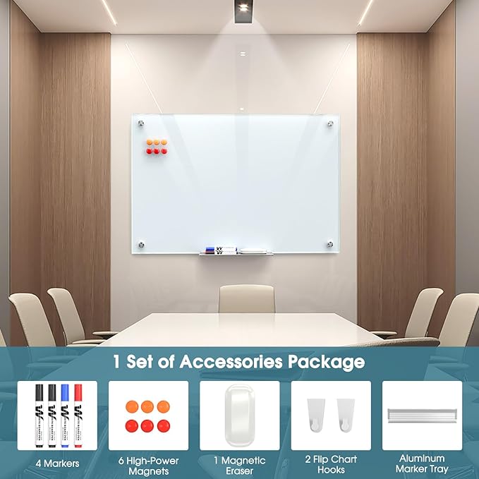 MaxGear Glass Whiteboard Wall Mounted, Frameless Magnetic Dry Erase Board, Tempered Glass, Steel-Backed, Non-Porous Smooth Surface, Floating Design, Accessories Included, for Office Home Classroom