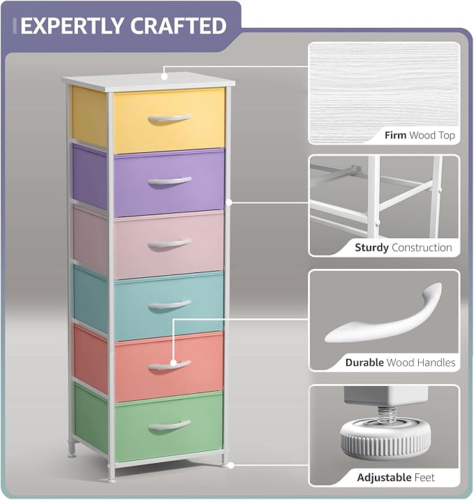 Sorbus Fabric Dresser for Kids Bedroom - Chest of 6 Drawers, Tall Storage Tower, Clothing Organizer, for Closet, for Playroom, for Nursery, Steel Frame, Fabric Bins - Wood Handle (Multi-Pastel)