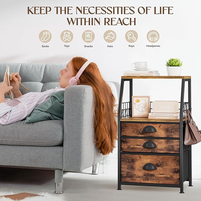 LASZOLA 3 Fabric Drawers Organizer Tower with 6 Hooks and 2 Shelves, Small End Side Table for Printer with Chest of Files Drawers, Ideal for Bedroom Living Room Office Dorm Under Desk, Rustic Bronze