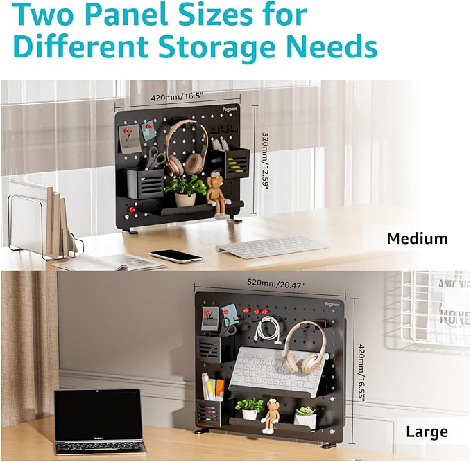 PEGZONE Clamp-on Desk Pegboard, Desk Organizer for Office Gaming Home, Magnetic Metal Peg Board with 15 Accessories, Privacy Panel for Office, 20.4" x 16.5", Large, Black