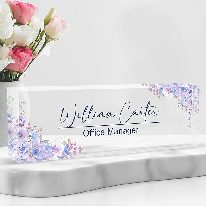 Personalized Name Plate for Desk Custom Acrylic Desk Name Plate Custom Employee Appreciation Gifts Office Gifts for Women, Men, Boss, Coworkers, Teacher, Nurse (Purple Flower)