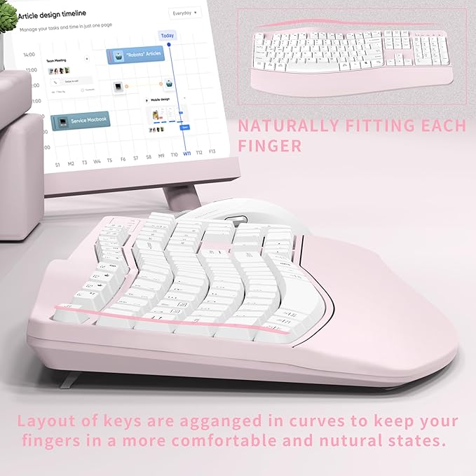 Ergonomic Wireless Keyboard and Mouse Combo, Wave Keys Keyboard with Wrist Rest for Natural Typing, 3 DPI Adjustable Ergonomic Silent Mouse for Computer/Laptop/Windows/Mac (Pink)