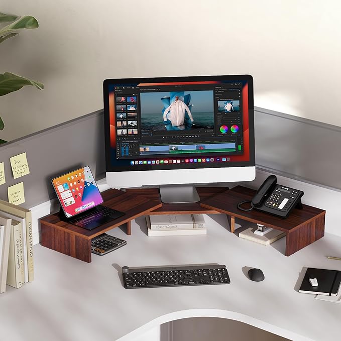 FITUEYES Dual Monitor Stand – 3 Shelf Computer Monitor Riser, Wood Desktop Stand with Adjustable Length and Angle, Desk Accessories, Office Supplies Medium Brown, DT108002WB