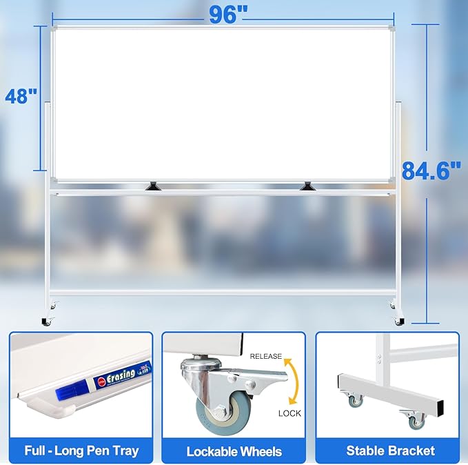 96"x48" Large Magnetic White Board Dry Erase Whiteboard with Rolling Stand 8’x4’ Double-Sided Mobile White Boards on Wheels, Including 3 Magnetic Erasers, 7 Markers, 30 Magnets