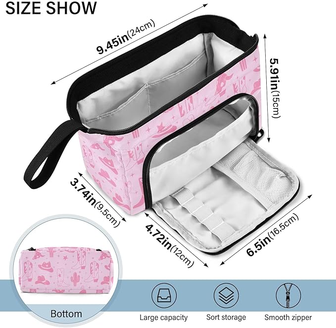 Western Cowboy Pink Pencil Case Pouch Big Capacity Pencil Bag Box Organizer Pen Case Pencil Pouch Aesthetic with Handle for Teen Girls Boy College Women School