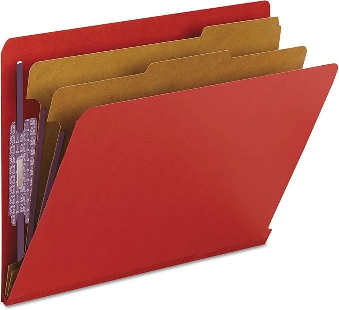 Smead 100% Recycled End Tab Pressboard Classification File Folder with SafeSHIELD Fasteners, 2 Dividers, 2" Expansion, Letter Size, Bright Red, 10 per Box (26783)