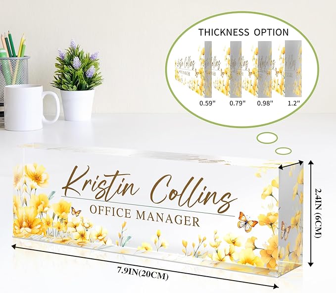 Custom Name Plate for Desk, Personalized Desk Name Plate on Clear Acrylic Glass, Appreciation Gifts for Teacher Employee Boss Coworkers Nurse, Office Desk Accessories for Women Men (Daffodil)