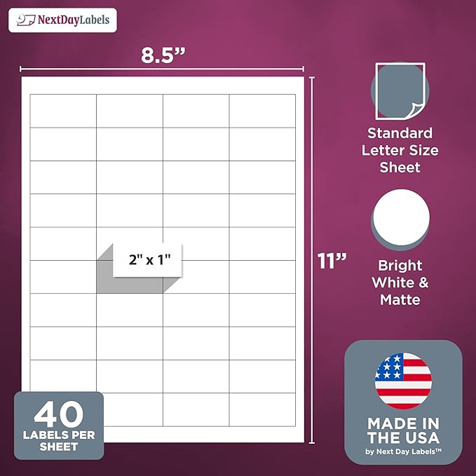 NextDayLabels 2x1 Inch Rectangle Stickers White Blank Labels for Laser Inkjet Printer - 40 Per Sheet Self-Adhesive Address Mailing Name Tags Made in USA - 10,000 Labels
