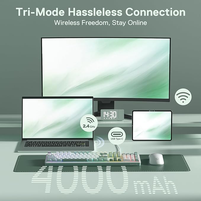 Redragon K761 Wireless Gasket Gaming Keyboard w/Hype Screen & Knob, 104 Keys Mechanical Keyboard, Easy-Control 1.14’’ TFT Info Display, 5-Layer Noise Dampening, Custom Linear Switch, Jade Cloud Color