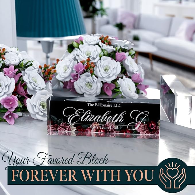 Desk Name Plate Personalized, Custom Name Plates, 2½/x8 Inches, Thick Crystal-Clear Acrylic, Gift Box, Office Desk Decor. USA Made by ACRYLUXE (Florist)