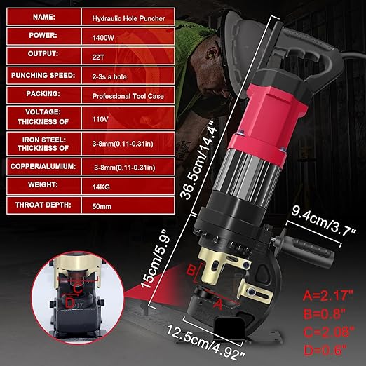 1400W Electric Hydraulic Hole Puncher, 22T Heavy Duty Hydraulic Hole Punch for Metal, Portable Punching Machine with 5 Dies - Precise Drilling for Aluminum Copper Plate Angle Iron Steel, MHP-20