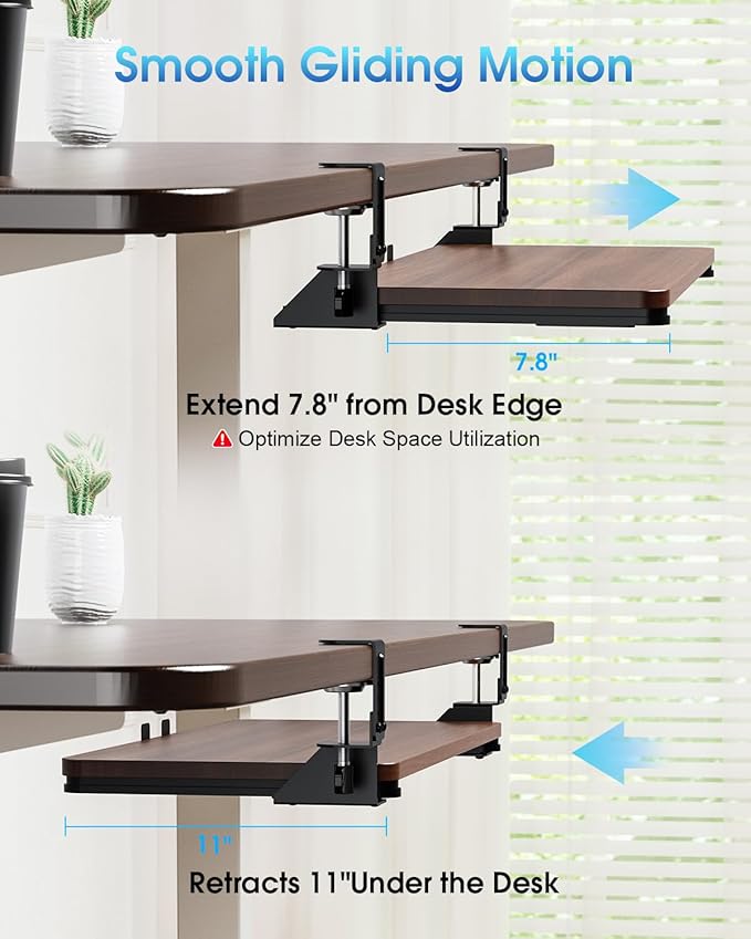 Large Keyboard Tray Under Desk, Pull Out Keyboard & Mouse Tray with Adjustable C-clamp, 25.6(31.5 Including Clamps) x 11.8 Inch Slide Out Computer Keyboard Drawer Mouse Tray for Typing, Walnut