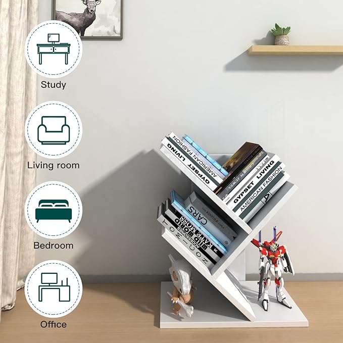 Godferyxin Tree Bookshelf, 3-Tier Wood Small Bookshelf and Mini Book Shelf for Office, Home or School Desk Book Shelf for for Displaying Books, CDs, Magazines Wood Storage Rack-Whit