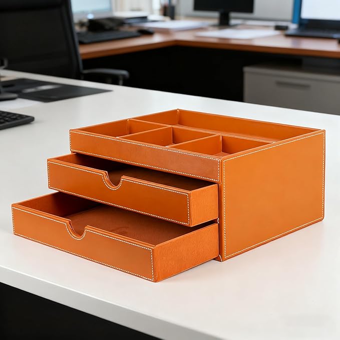 Household Multifunctional Desktop Storage Cabinet, Office file Cabinet Made of Leather, Drawers and Four Separate Organizers, Storage Box on the Bedside Table in the Room (brown)