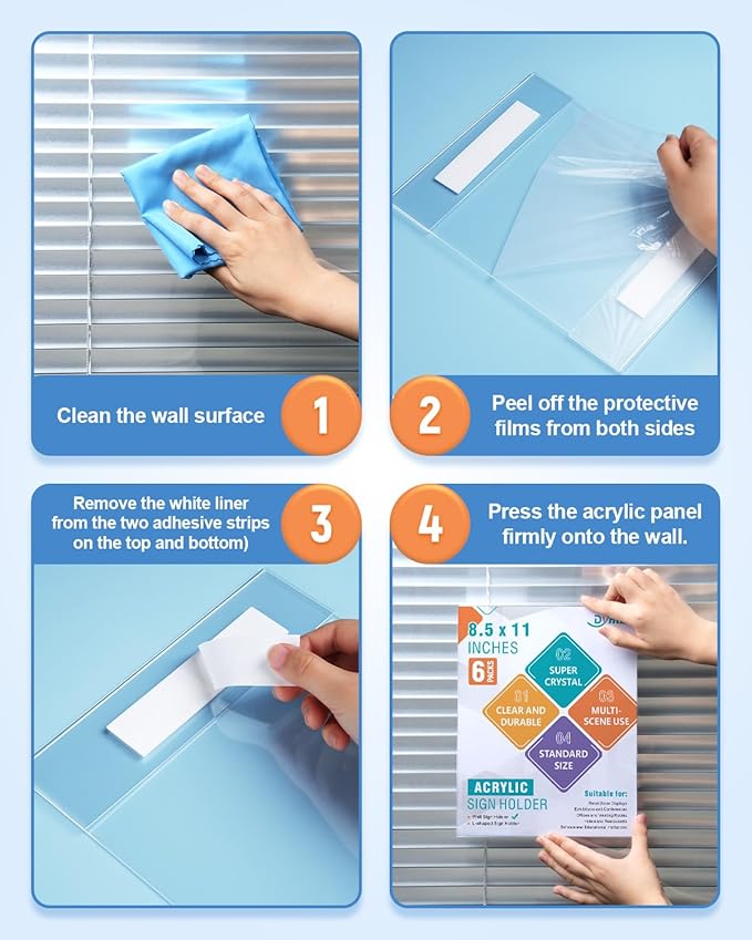 Dynta 6 Pack Acrylic Sign Holder 8.5 x 11 with Adhesive Tape, Clear Sign Holder Wall Mount, Flyer Holder Memo Document for Office Home Store Restaurant