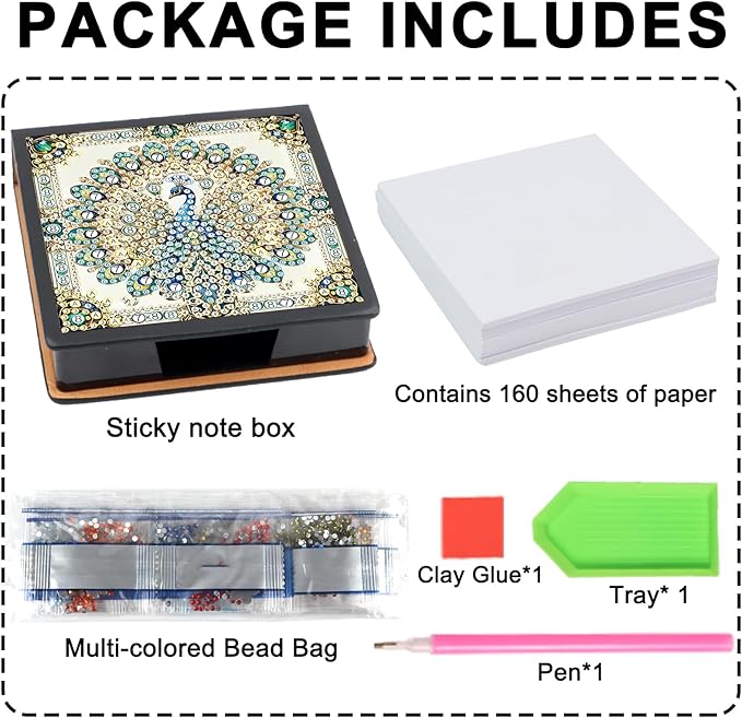 Peacock Diamond Painting Kit Note Box,Memo Paper Storage Box Diamond Art,Sticky Note Holder Diamond Art,Diamond Painting Memo Pad For Office Desk. (Peacock)
