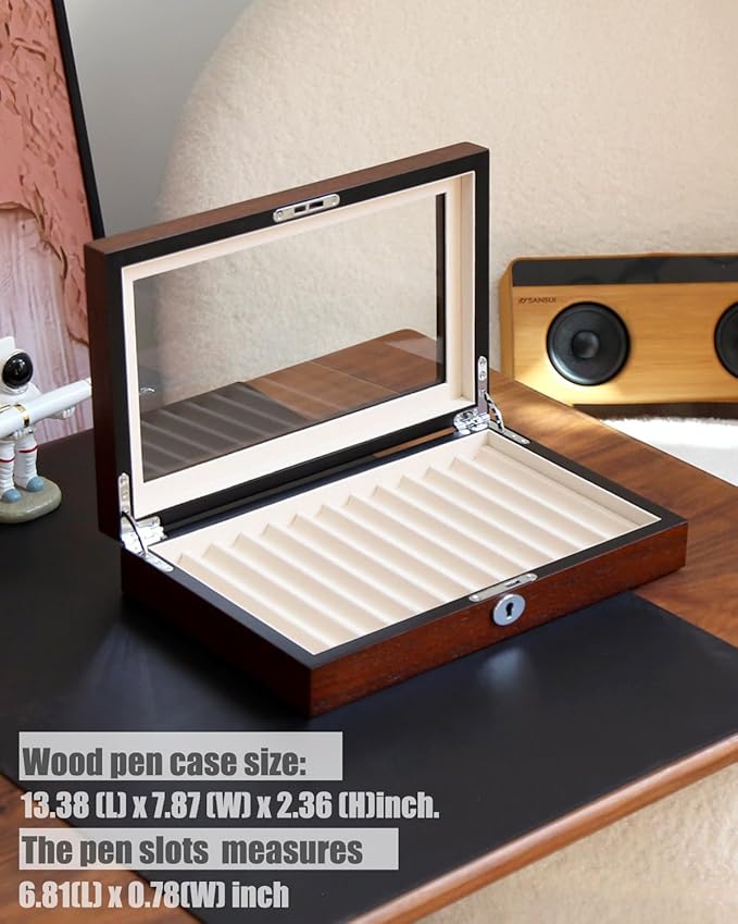 12-Slot Fountain Pen Collector Case – Lockable Wooden Organizer with Glass Display Top, Premium Storage Box for Writing Instruments and Gift for Men
