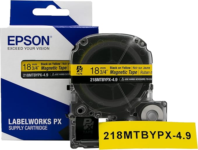 Epson LABELWORKS 218MTBYPX-4.9 Genuine Magnetic Tape Cartridge - Black on Yellow Magnet Label Maker Tape - 3/4" (18MM) Wide, 4.9 ft, Yellow