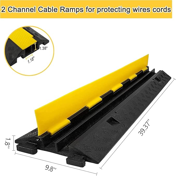 CXRCY Cable Ramp 4 Pack 2 Channel 11000lbs axle Capacity Floor Cable Cord Protector, Black & Yellow Speed Bumps Hose Protector Ramps for Wire/Hose/Pipe Hider Driveway &Outdoor 40x10x2 inch(L x W x H)