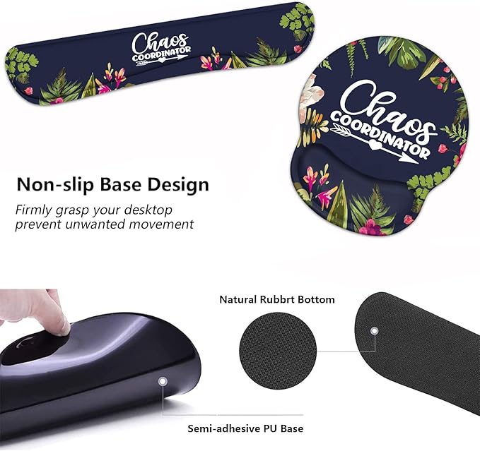 Keyboard Wrist Rest and Mouse Pad Wrist Support Set with Coasters, Chaos Coordinator Quotes Colored Floral Wreath Print Wrist Support Mouse Pad with Non-Slip PU Base for Computer Laptop Home Office