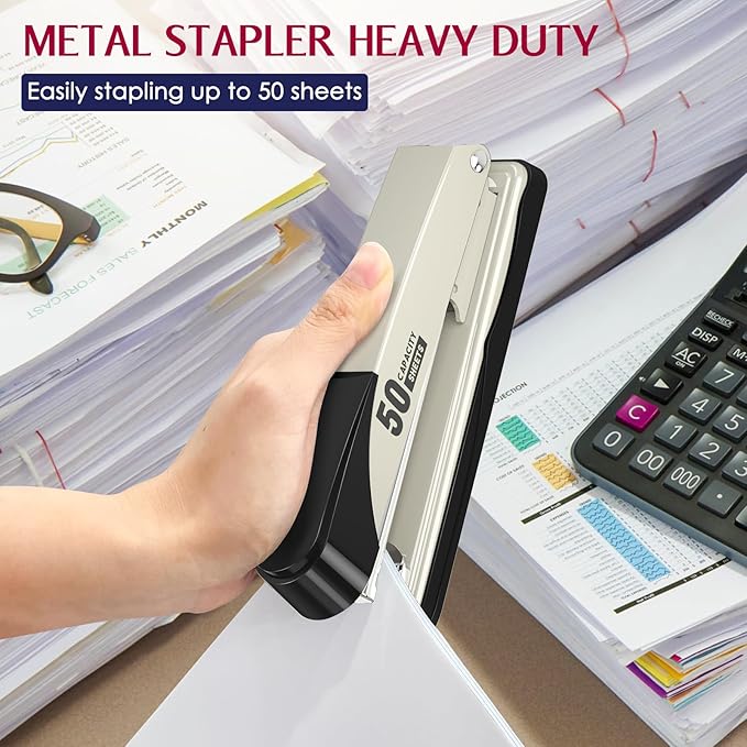 Metal Stapler Heavy Duty 50 Sheet Capacity with 1750 Staples and Staple Remover, Full Strip Staplers for Desk, No Jam, Non-Slip for Office & Classroom, White
