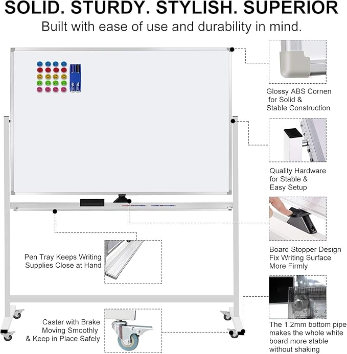 60"x40" Mobile Whiteboard Double-Sided Magnetic Large Dry Erase White Board with Rolling Stand for Offices, Home & School