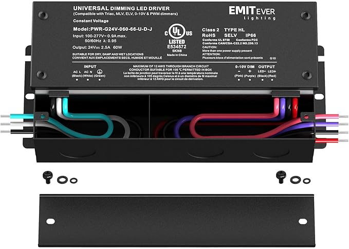 EMITEVER Dimmable Led Driver, 2 Packs 60W AC 110V-277V to DC 24V Transformer, 5-in-1 Dimming: ELV/MLV/TRIAC / 0-10V / 1-10V / 10V PWM/Potentiometer, Waterproof IP67 and UL Listed,Class 2