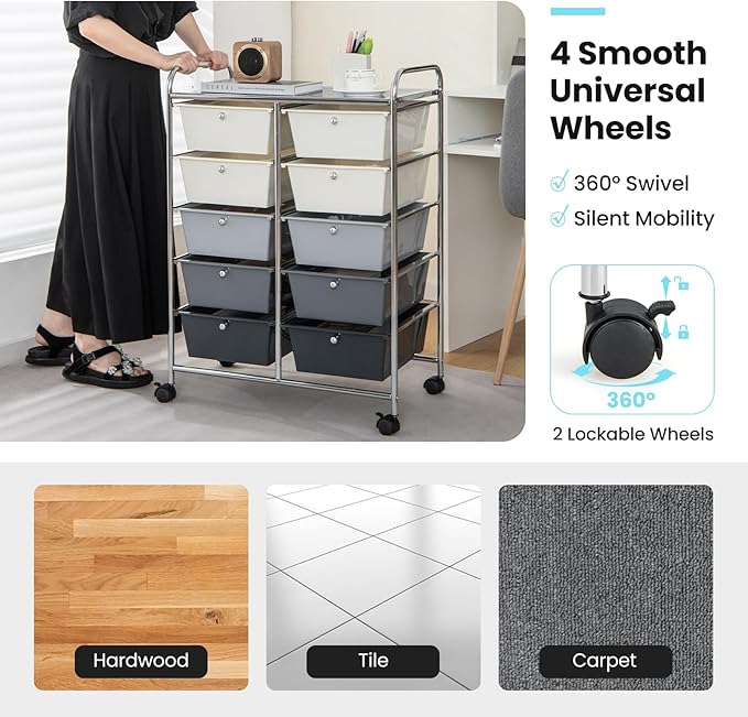 Giantex 10 Drawers Rolling Cart, Classroom Organizers, Storage Cart with Wheels, for Teacher Office Home School Supplies Tool Craft Art Paper, Gray Gradient