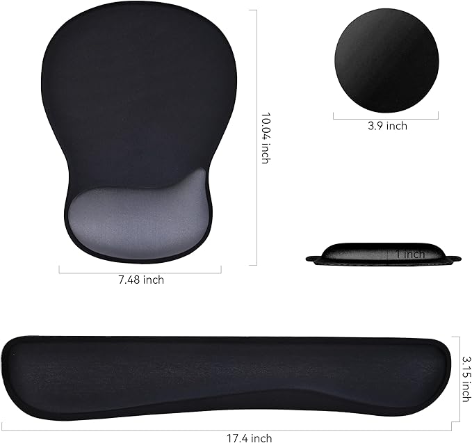 Wrist Rest Support for Mouse Pad Keyboard Set Circle Coaster Gaming Mouse Pad Ergonomic Gel Memory Foam Set for Computer, Laptop, Office, Pain Relief, Comfortably Typing Black KM-33