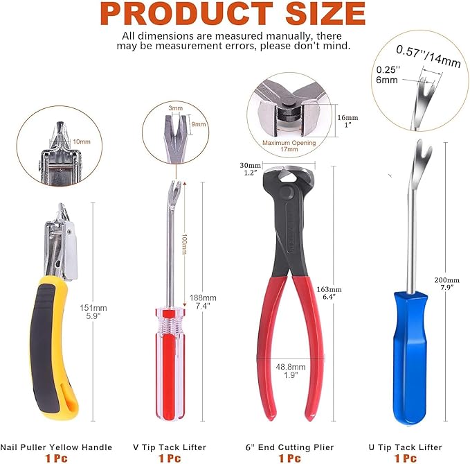 Tayfeim 4Pcs Upholstery Staple Remover Nail Puller Nail Remover Tool Set with End Cutting Pliers Tack Puller Staple Puller Tool for Carpet Furniture Wooden Photo Frame Floor,Zipper Package