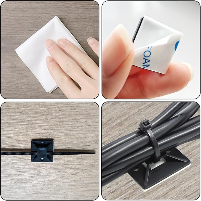 340 Pcs Self Adhesive Cable Zip Tie Mounts Set | 170 Pcs Cable Tie Mounting Base,3/4" | 170 Pcs Zip Ties,8" | Black,Cable Clip,Wire Management Clips,Wall Ties Fixing Mount,Wire Holders for Cables