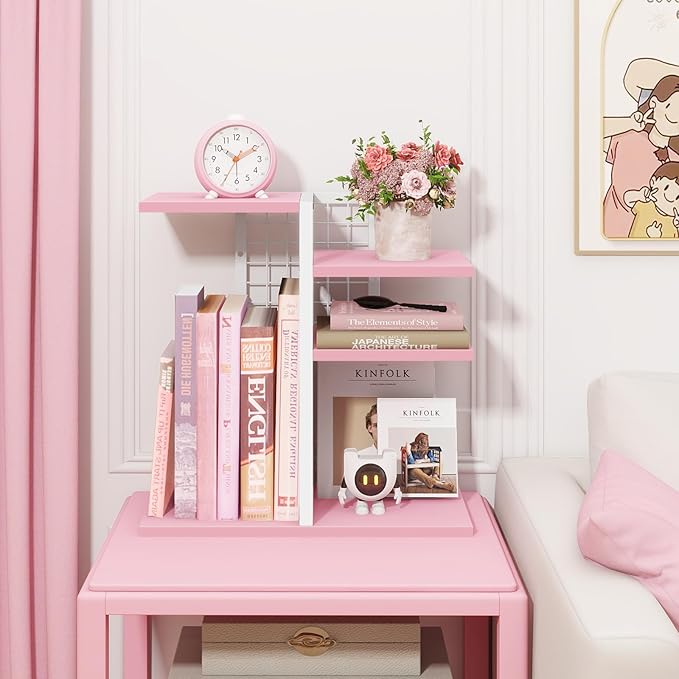ELITEROO Desktop Bookshelf, Tiered Desk Organizer Shelf, Wooden Tabletop Bookshelf Small Desk Book Shelf, Dresser Top Organization Storage Rack and Desk Decorations for Women Office, Pink
