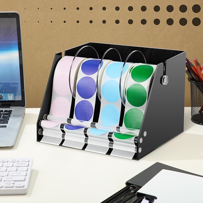 Adjustable Label Dispenser Acrylic Sticker Roll Dispenser Label Roll Holder Multi Use Sticker Holder Organizer Stand for School Gifts and Home Office Desktop(4 Disks)