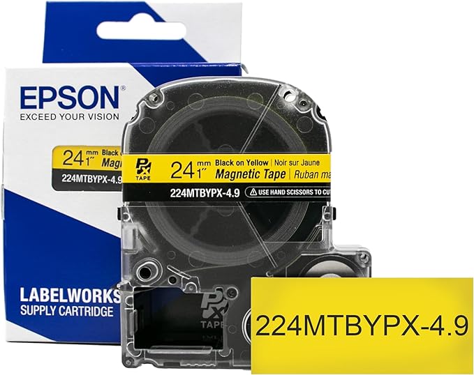 Epson LABELWORKS 224MTBYPX-4.9 Genuine Magnetic Tape Cartridge - Black on Yellow Magnet Label Maker Tape - 1" (24MM) Wide, 4.9 ft, Yellow