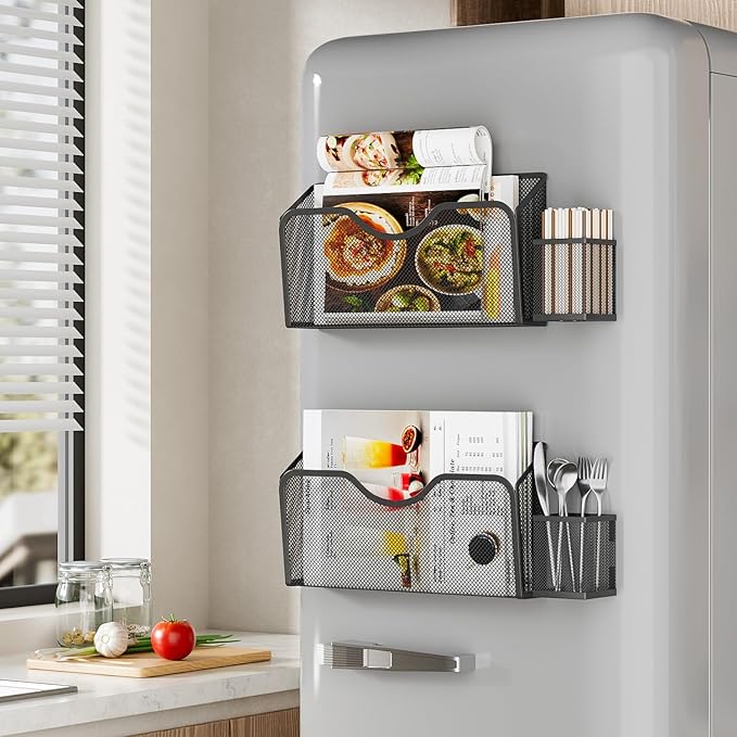 JANE EYRE Magnetic File Holder - 2pcs Hanging File Organizer Magazine Document Paper Holders with 2pcs Pen Holders for Classroom Cabinets Office,No Drilling(BLACK)