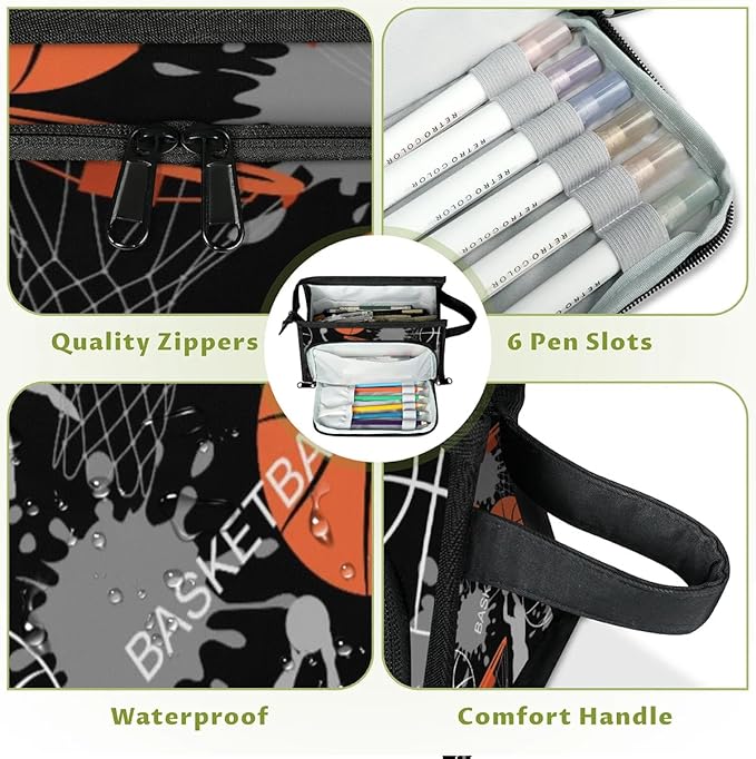 Pardick Large Capacity Pencil Case Pouch, Basketballs Portable Zipper Pencil Cases Pencil Bag Office Stationery Bag Makeup Bag Desk Organizer for Women Men