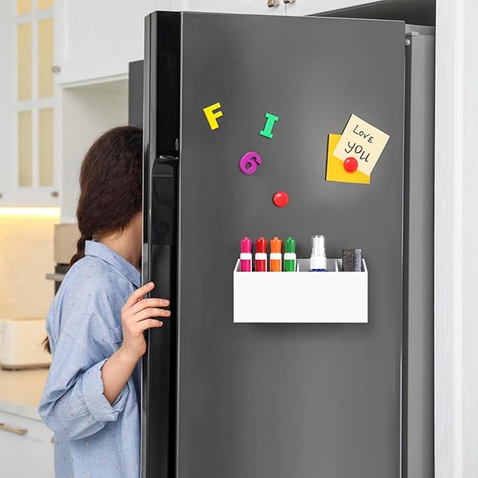 HBlife Magnetic Dry Erase Marker Holder for Whiteboard with 3 Compartments, Acrylic Wall Mount Magnet Pen Pencil Holder for Refrigerator, Locker Organizer Accessories for Classroom Office, White